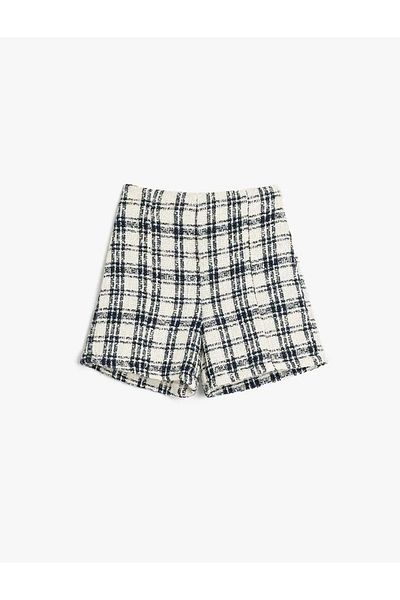 Koton Karierte, gemusterte Tweed-Shorts für Mädchen mit hoher Taille 5skg40076aw Marineblau