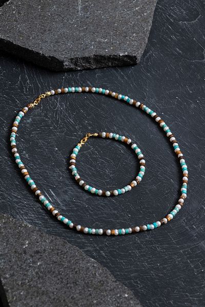 OSMANLI DOĞAL TAŞ Certified Pearl Tiger Eye Turquoise Silver Closure Natural Stone Set