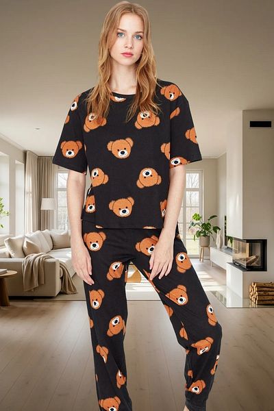 PayBuy Women's 100% Cotton Pajama Set with Teddy Bear Comfortable Pipe Leg Lounge Wear High Quality