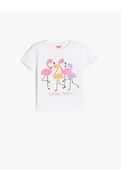 Koton تي شيرت قطني بأكمام قصيرة وياقة دائرية للفتيات الصغيرات فلامينجو مطبوع ...