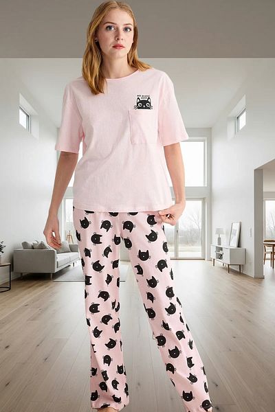 PayBuy Women's Cotton Cat Pattern Short Sleeve Pajamas Set Perfect Fit Stylish Appearance Comfortable Use