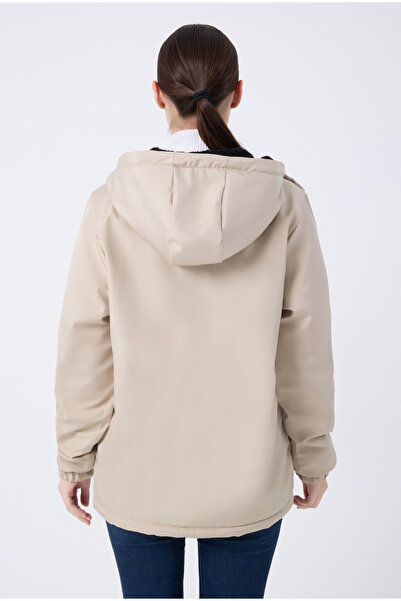 Firststops Dámský zimní kabát - barva kamene, kožešina uvnitř, vodě a větru odolná, kapuce