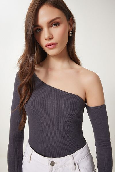 Lovelyİstanbul Anthracite Ltg0001 - Open Shoulder Ribbed Knitted Blouse