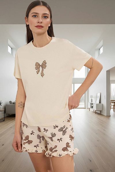 PayBuy Women's Short Sleeve Cotton Pajama Set Leopard Print Bow Detail Durable Material