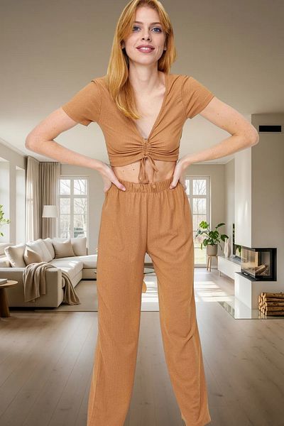 PayBuy Women's Drawstring Knitted Pajamas Set Casual Home Wear Set Use Stylish Appearance Comfortable Cut