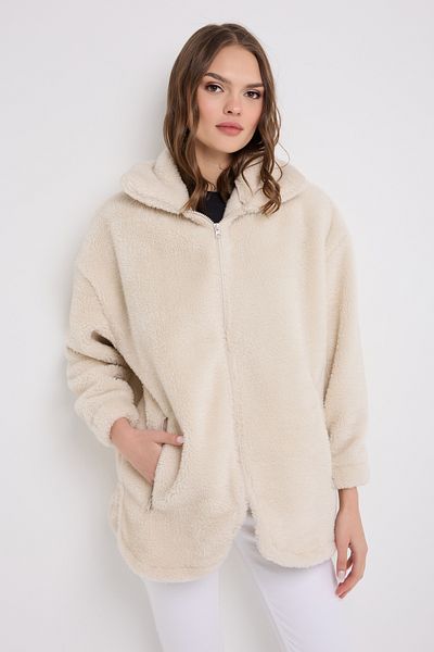 Montland Women's Ecru Plush Windproof Welsoft Winter Coat Coat with Double Pockets