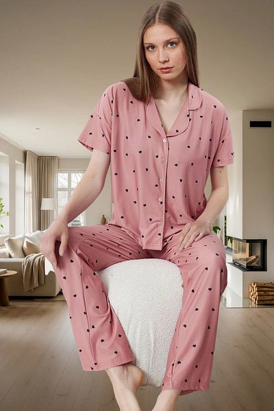 PayBuy Women's Heart Knitted Pajama Set Comfortable Stylish Short Sleeve Regular Fit Premium Quality Distinguished Material