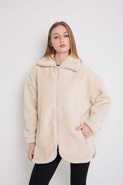 Firststops Women's Ecru Plush Windproof Welsoft Winter Coat Coat with Double Pockets