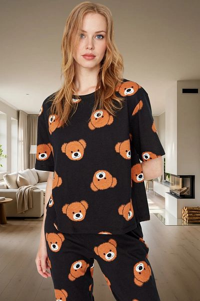 PayBuy Women's 100% Cotton Pajama Set with Teddy Bear Comfortable Pipe Leg Lounge Wear High Quality