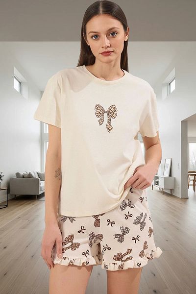 PayBuy Women's Short Sleeve Cotton Pajama Set Leopard Print Bow Detail Durable Material