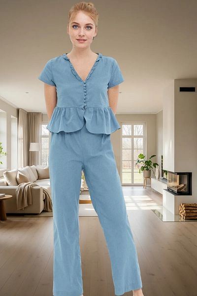 PayBuy Women's V Neck Ruffle Viscose Pajama Set for Comfortable Daily Wear