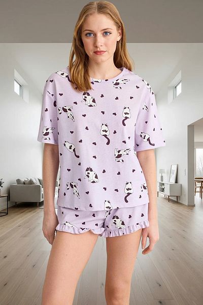 PayBuy Women's Cat Pattern Cotton Ruffle Pajamas Set Comfortable Home Wear Carefully Selected Professional Appearance