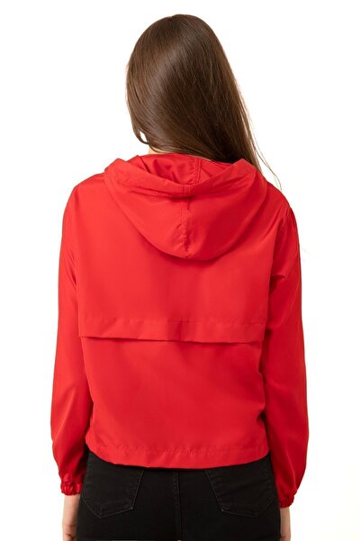 Montland Women's Red Waterproof Wind Resistant Hooded Raincoat - Seasonal with Pockets