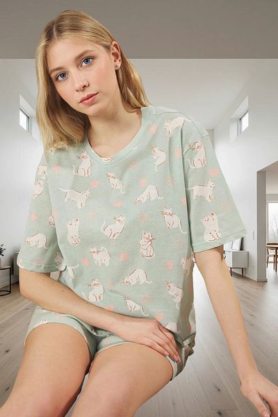 PayBuy Women's Regular Fit Short Sleeve 100% Cotton Cat Pajama Set Quality Craftsmanship Comfortable Use