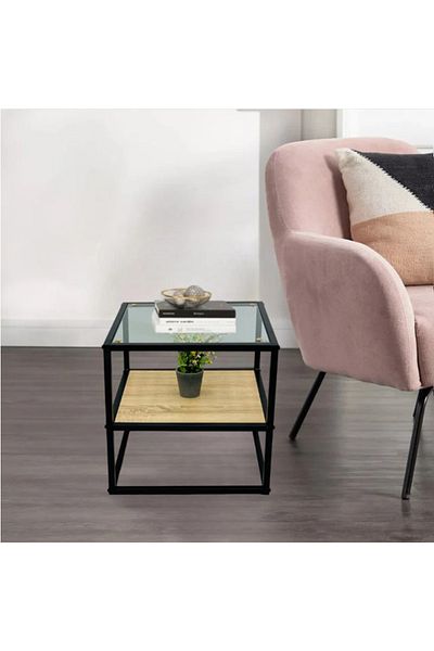 DEC10 Single glass and wood serving table, size 50*50*55