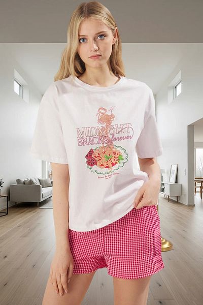 PayBuy Women's Casual Knitted t Shirt and Checkered Shorts Pajamas Set Comfortable Cut Special Design for Summer