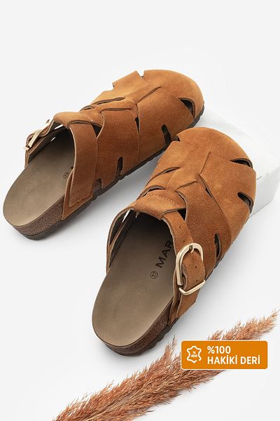 Marjin Γυναικείες παντόφλες Tan Suede - Γνήσιο δέρμα, Κλειστό Μπροστινό Σχέδιο, Casual Yolis