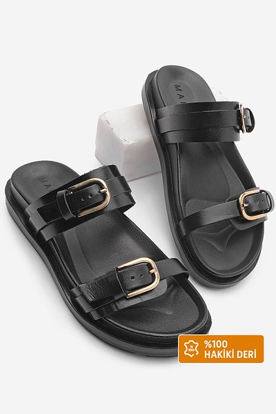 Marjin Women's Daily Black Tanva, Black Genuine Leather Buckle Slippers
