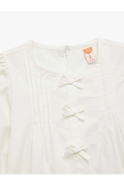 Koton Baby Girl Cotton Ribbon Detailed Long Sleeve Crew Neck Balloon Sleeve Blouse 5Smg60045Aw White