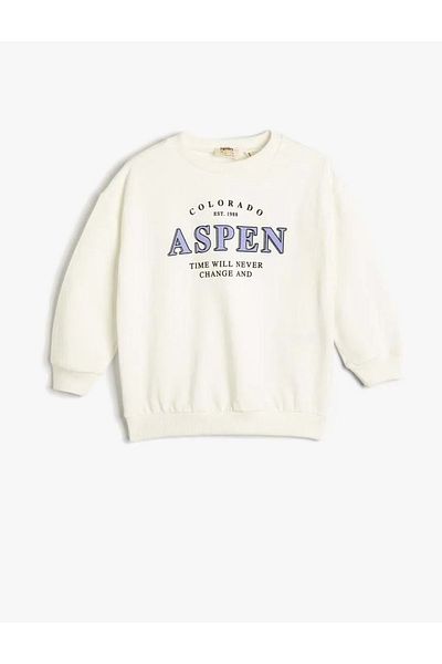 Koton Girl's Sweatshirt Cotton Raised Crew Neck Aspen Printed Ecru