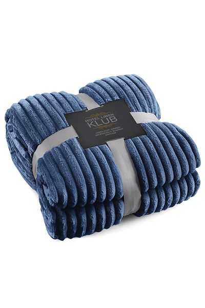 Hotel Linen Klub Microfleece Blanket Double(200x220 cm) – Ultra-Soft, Lightweight 300GSM, Warm - Stripe Pattern-Navy
