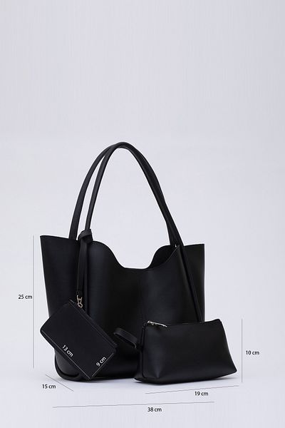 SHAKA Shk108 Geantă de mână și de umăr pentru femei din piele artificială neagră - cu închidere cu capse, portofel, geantă de machiaj L:25 E:38 L:15 cm