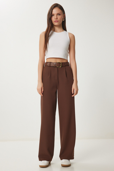 Lovelyİstanbul Καφέ πλισέ υφαντό παντελόνι - LUB0071