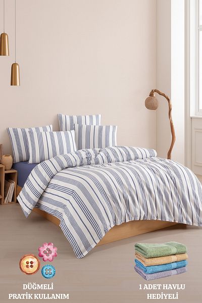 Formeya Striped Buttoned Double Duvet Cover Set (Including Fitted Sheet) Modern Cotton Comfort