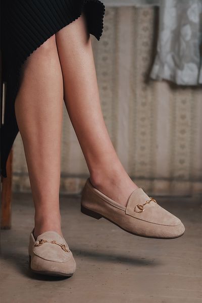 Marjin Γυναικείο Loafer Beige Suede - Γνήσιο δέρμα και Chain Casual Παπούτσια