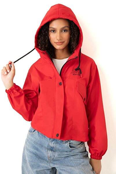 Riverstorm Women's Red Waterproof Wind Resistant Hooded Raincoat - Seasonal with Pockets