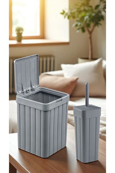 Herza House 2-Piece Bathroom Set - Bas Open Lid Trash Can (10 L) - Wc Brush Holder