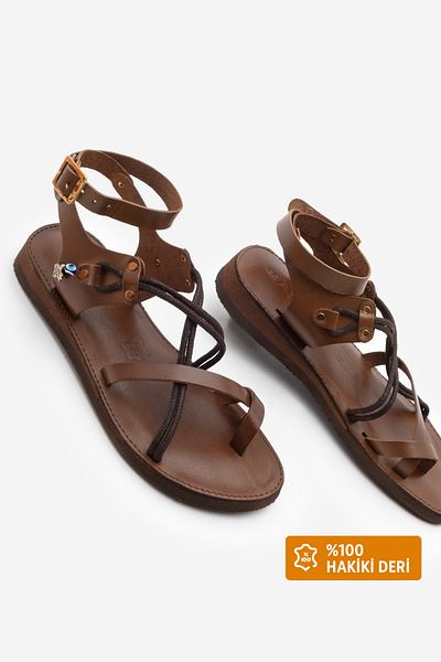 Marjin Dámské doplňky z pravé kůže Eva Sole Žabka Cross Lano Detailní Denní sandály Rivade Tan