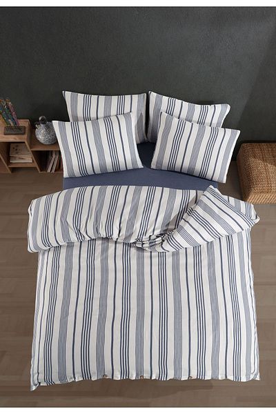 Formeya Striped Buttoned Double Duvet Cover Set (Including Fitted Sheet) Modern Cotton Comfort