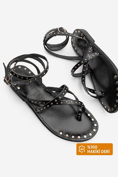 Marjin Sunga Black Women's Sandals - Genuine Leather, Ankle Strap, Flip Flops