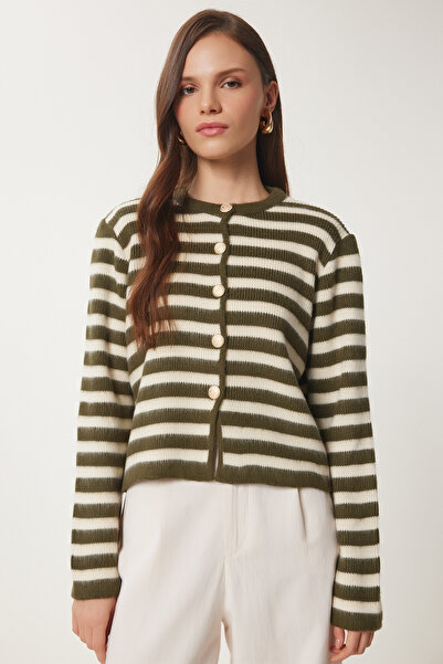 Lovelyİstanbul Λεπτομερής ριγέ πλεκτή ζακέτα με μεταλλικό κουμπί KHAKI LPF0073