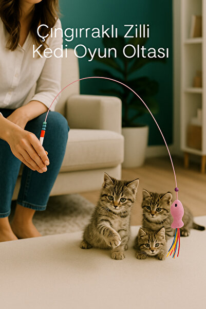 ego home Kedi Oyun Oltası Püsküllü 90 Cm Çıngırak Zilli Balıklı Oyun Oltası 9...