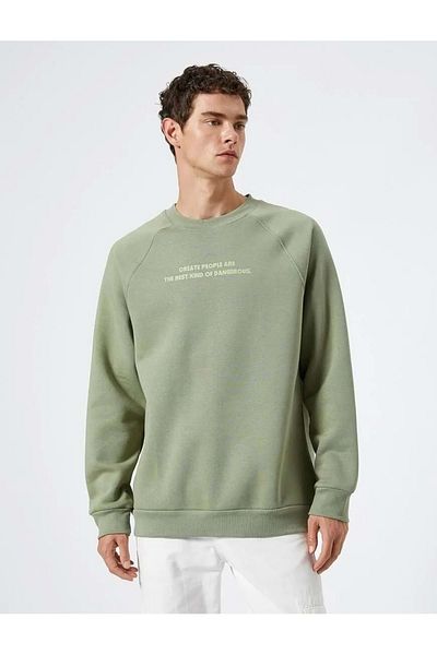 Koton Slogan Printed Sweatshirt Raglan Sleeve Crew Neck Ribbed 4wam70052mk Green