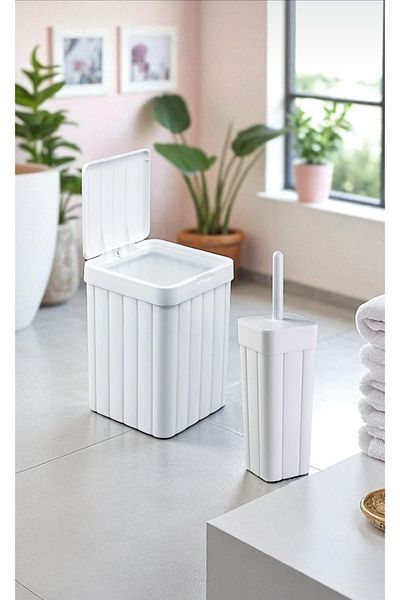 Herza House 2-Piece Bathroom Set - Bas Open Lid Trash Can (10 L) - Wc Brush Holder