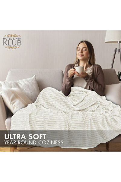Hotel Linen Klub Microfleece Blanket Double(200x220 cm) – Ultra-Soft, Lightweight 300GSM, Warm - Stripe Pattern-Ivory