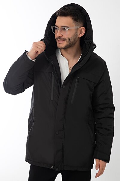 Royalside Spor Erkek Siyah Içi Polarlı Su Ve Rüzgar Geçirmez Kapüşonlu Kışlık Spor Mont & Kaban & Parka