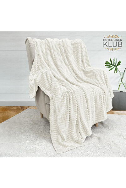 Hotel Linen Klub Microfleece Blanket Double(200x220 cm) – Ultra-Soft, Lightweight 300GSM, Warm - Stripe Pattern-Ivory