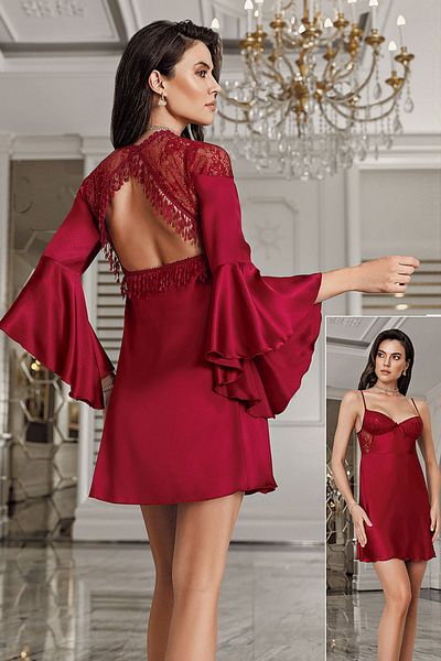 İmaj İmaj 3200 Women's Burgundy Nightdress with Morning Dress Double Dowry Satin Set
