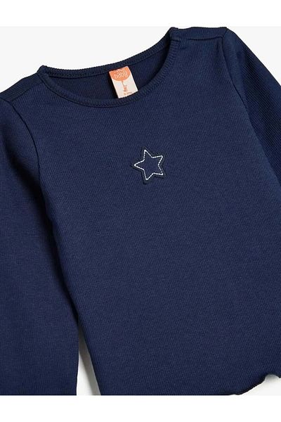 Koton Baby Girl Star Embroidered T-Shirt Ribbed Long Sleeve Crew Neck Cotton 5Wmg10124Ak Navy Blue