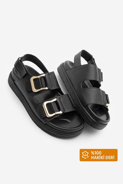 Marjin Sandale de zi cu zi pentru femei, din piele naturală, cu cataramă aurie, cu dungi duble Risay Black
