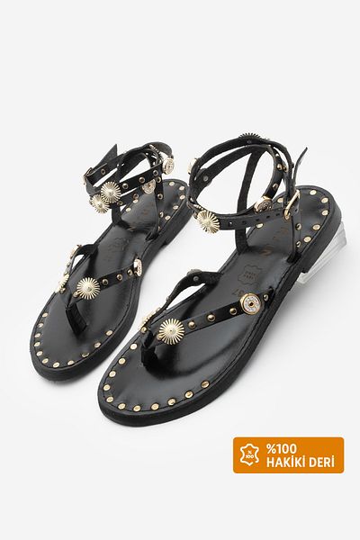 Marjin Women's Genuine Leather Ankle Strap Flip Flop Studded Daily Sandals Zoney Black