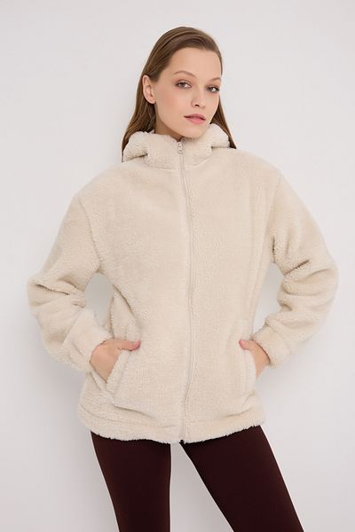 Royalside Women's Ecru Plush Windproof Welsoft Double Pocket Hooded Winter Coat