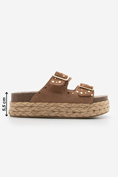 Marjin Women's Genuine Leather, Thick Straw, Sole Double Banded Studded Slippers Yakaf