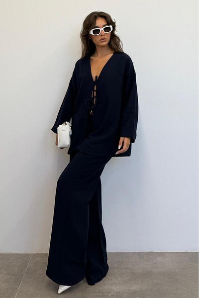 Madmext Navy Blue Tie Front Bottom Top Set Mg2423