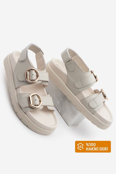 Marjin Women's Genuine Leather Banded Back Velcro Thick Sole Daily Sandals Tupiza Ecru