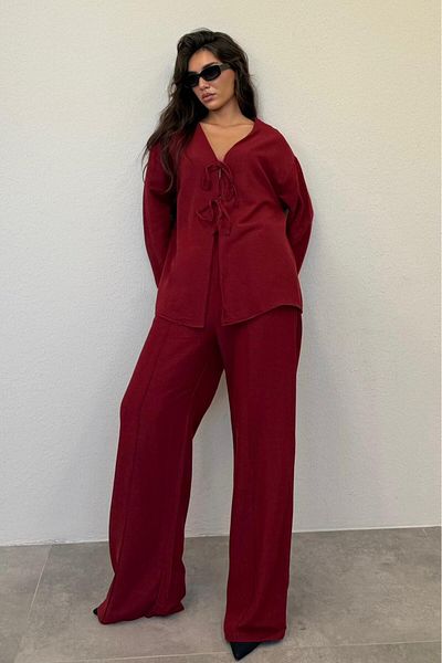 Madmext Burgundy Tie Front Bottom Top Set Mg2423